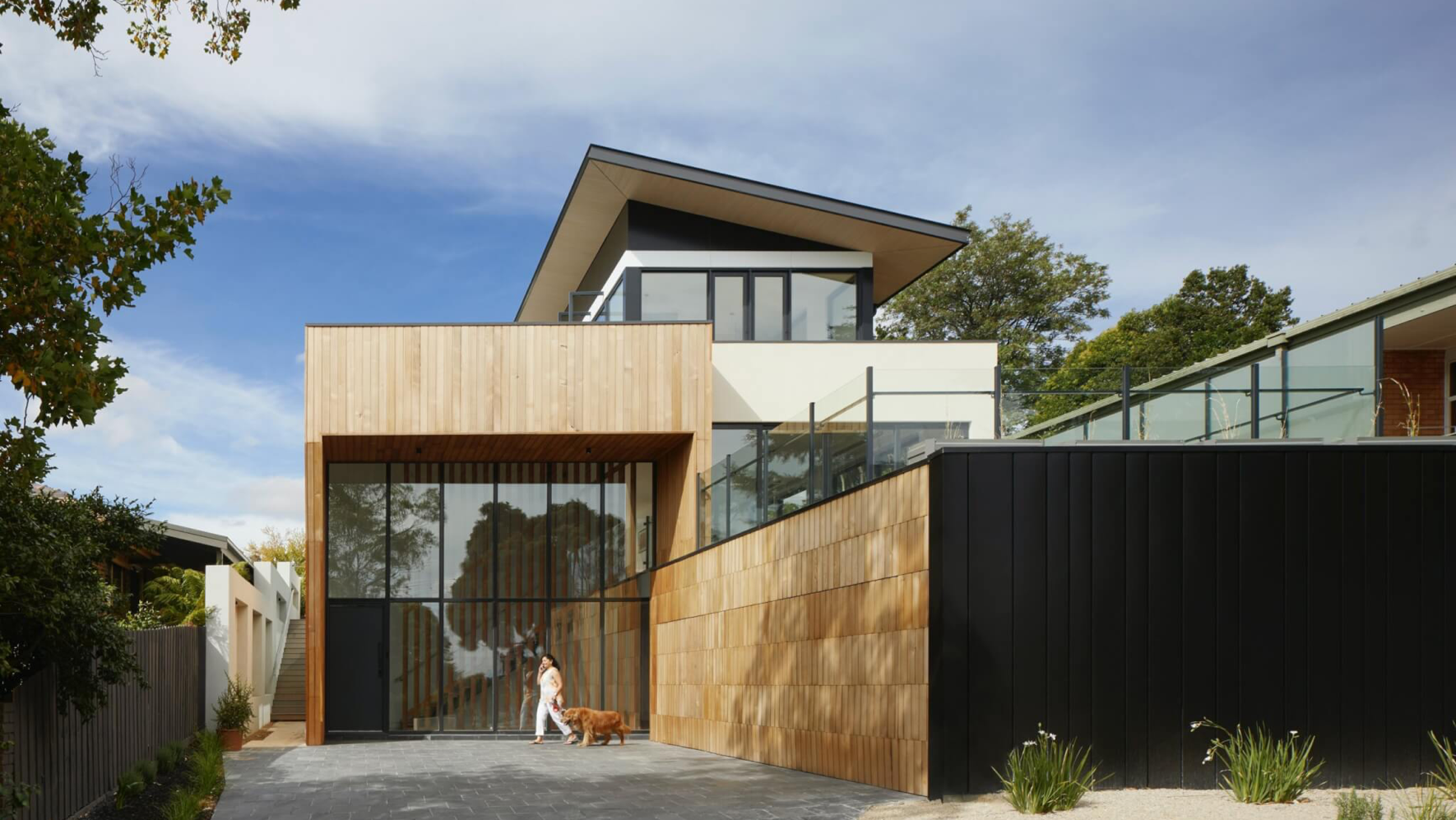 Modern home, lots of wood and glass